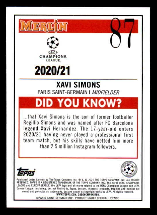 2020-21 Topps Chrome Merlin #87 Xavi Simons PSG Rookie (ref 143459) - Image 2 of 2