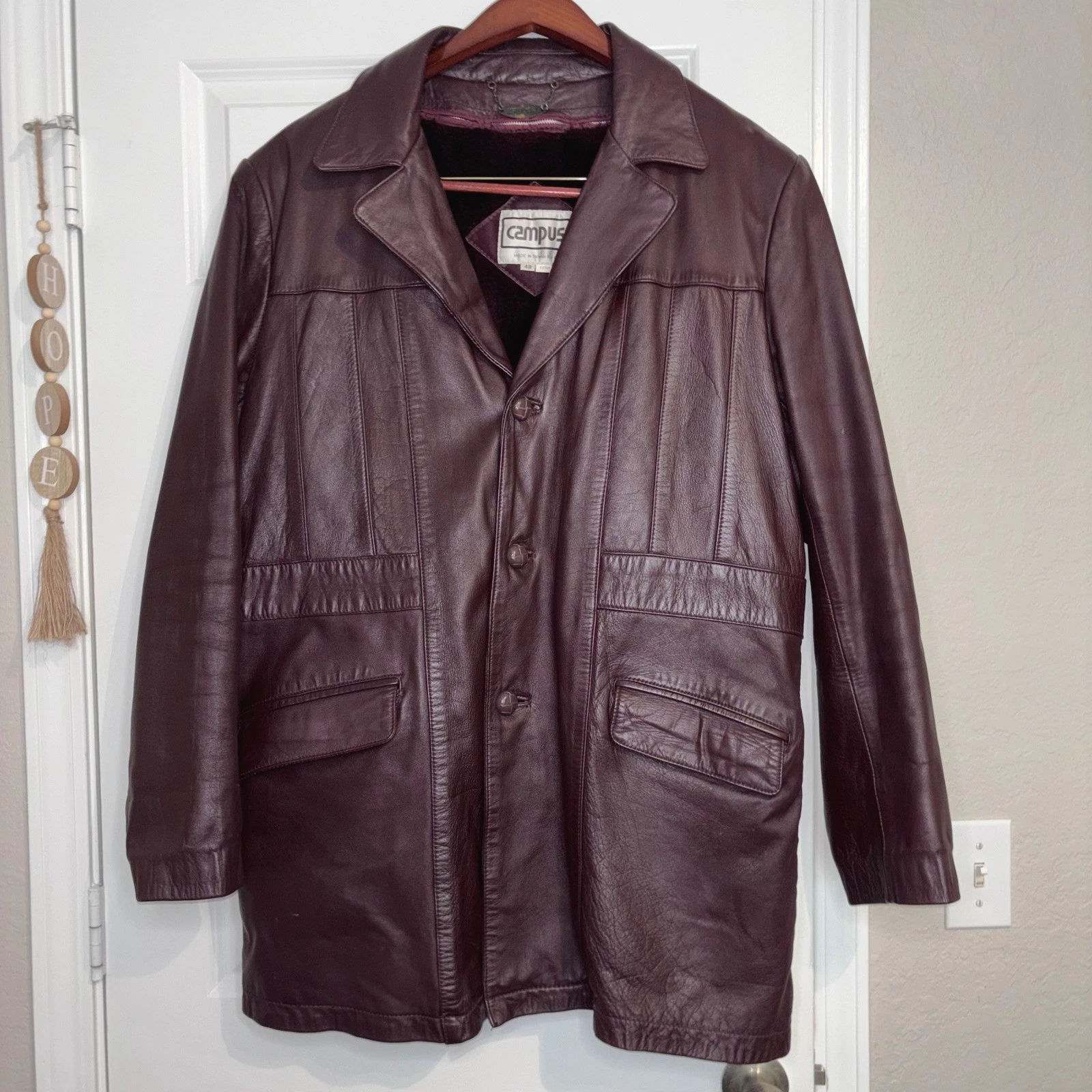 Vintage Campus Leather Men's Retro Cognac Brown Trench Coat Statement Piece Sz48 - product detail image 1