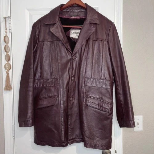 Vintage Campus Leather Men's Retro Cognac Brown Trench Coat Statement Piece Sz48 video thumbnail