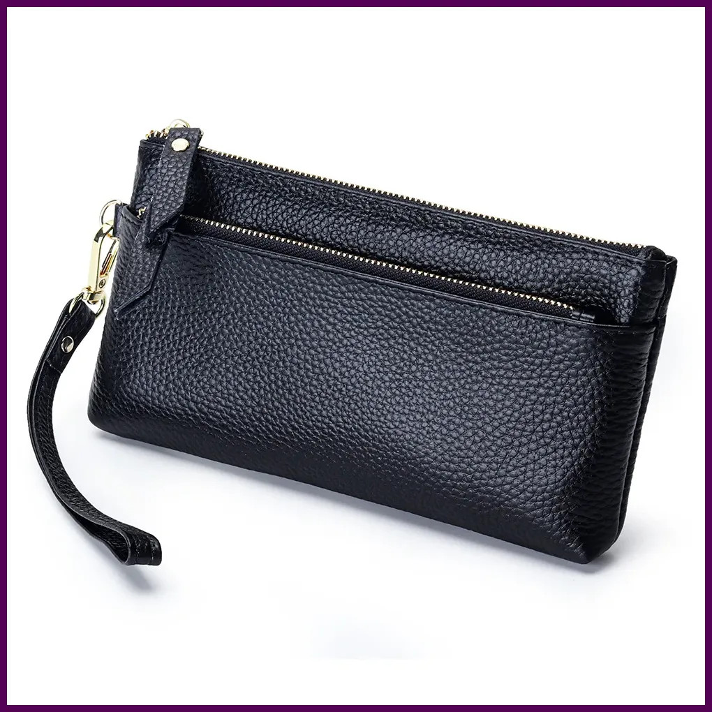 Women’s Genuine Leather Wristlet Clutch Wallet with Double Zip for Travel & Smar