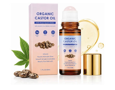 Gliowia Organic Castor Oil Elixir with Rose Quartz Roller 1.7 fl oz Cruelty-Free