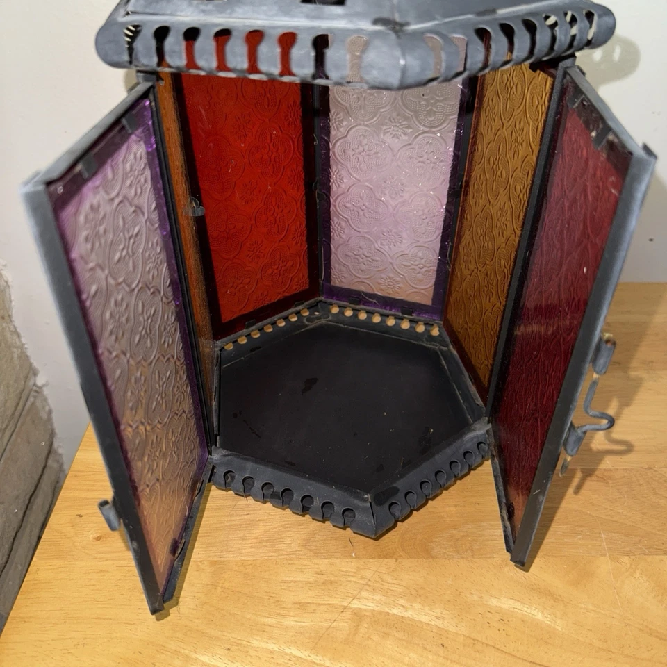 "Linterna vela colgante de pared estilo marroquí Lg vitral multicolor 18"" H" Foto 3 de 3