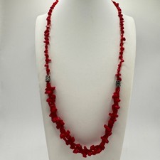Vintage Red Glass Chip Multi Strand Beaded Necklace Silver Accent Barrel Clasp