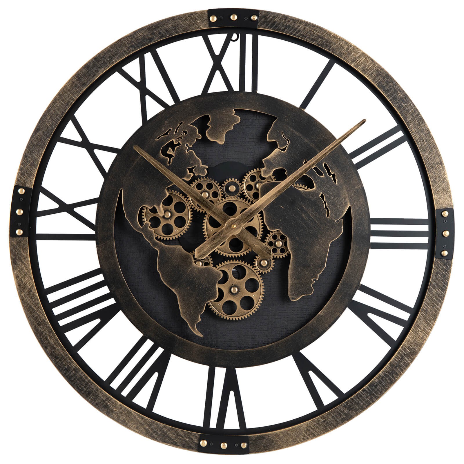 Large Wall Clock, 27" Gear Clock w/World Map, Non-Ticking Decorative Metal Clock