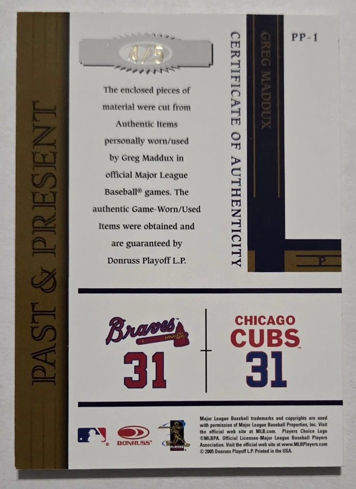Parches Greg Maddux Cubs Braves 2005 Playoff Prime #PP-1 etiquetas de lavandería dobles 4/5 Foto 2 de 2