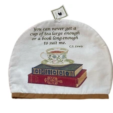 Alice’s Cottage Tea Cozy with Books, Tea Cup & C.S. Lewis Quote NWT