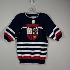 Sweater Loft Vtg Short Sleeve Nautical Preppy Knit Flags Cotton USA Sz S NEW
