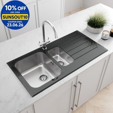 Sinkoro Kitchen Sink 1.5 Bowl RH Drainer Black Glass Stainless Steel Inset Waste
