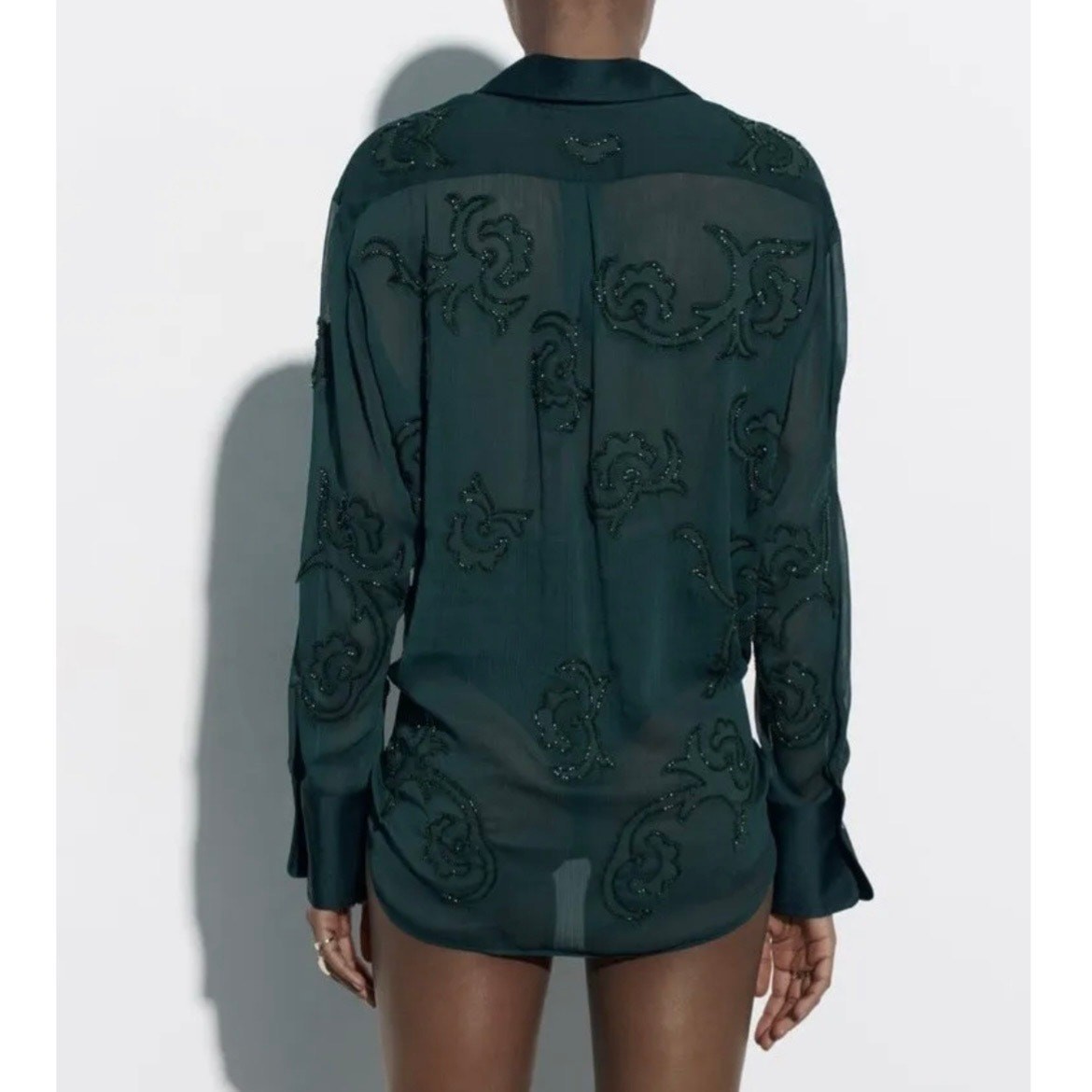 Zara Womens Semi Sheer Beaded Embroidered Blouse Size S Dark Green Button Up image 9