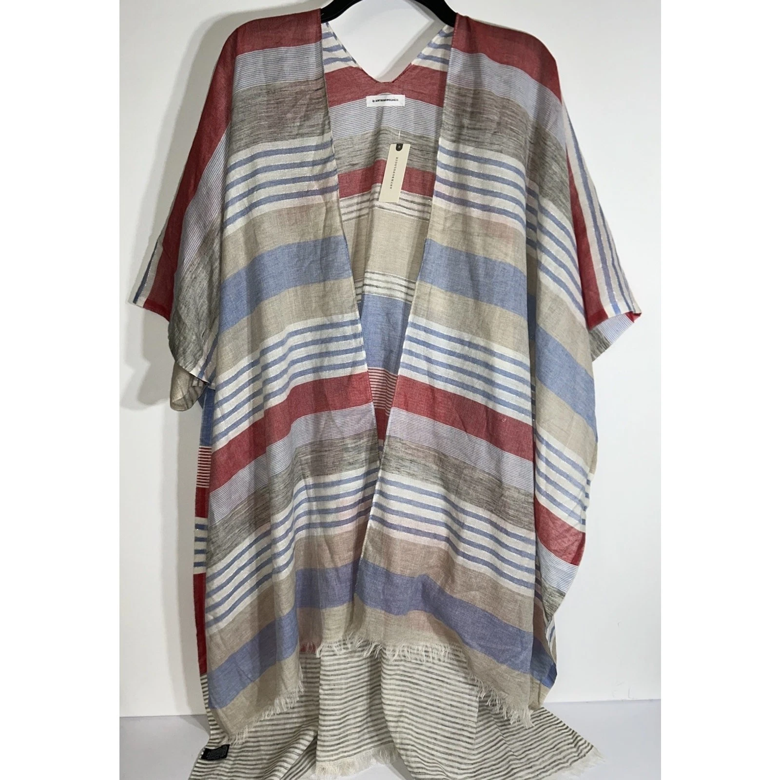 Anthropologie Boho Kimono Poncho Gauze Open Wrap Stripe Fringe Coverup NWT