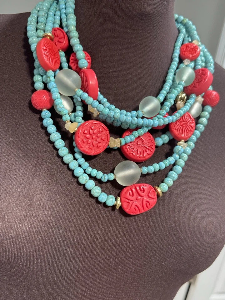 Chico’s Multi Strand Statement Necklace Turquoise Red Beads Layered Boho Bold - Image 3 of 4