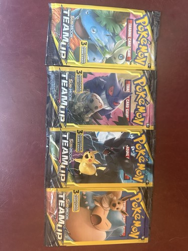 Pokemon Sun & Moon Team Up 3 Card Booster Pack Complete Art Set (4) Sealed 2019