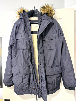 Abercrombie & Fitch Men's Hooded Parka Jacket Faux Fur Trim Lined Blue Large