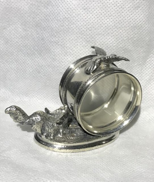 ANTIQUE REED & BARTON -DOG CHASING BIRD FIGURAL SILVER PLATED NAPKIN RING HOLDER