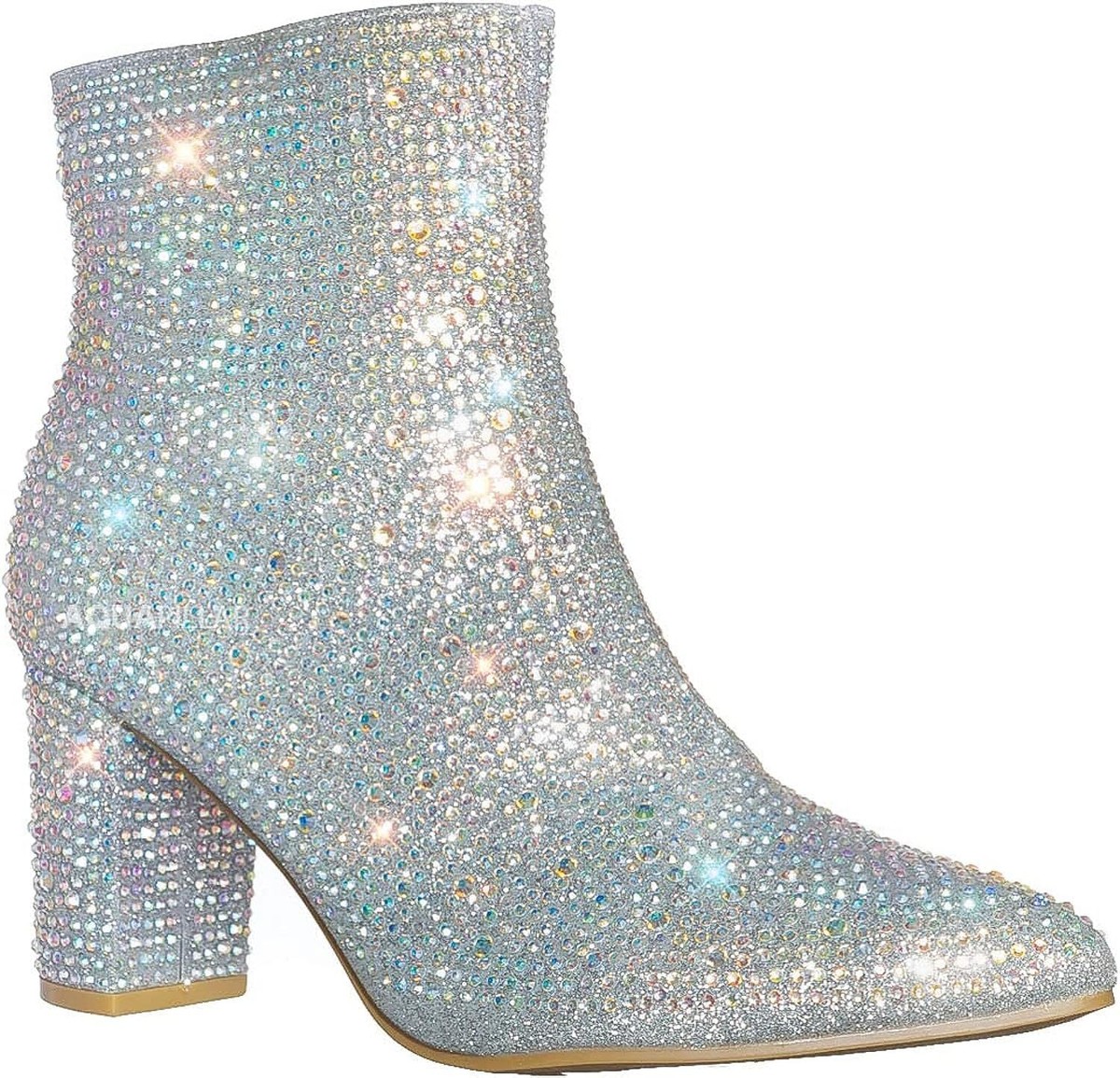 Forever Women Rhinestone Ankle Booties - Chunky Block Heel, Pointed Toe, Glitter Suede (Black, Size 7) - View #7