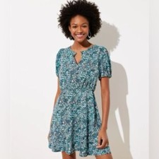 LOFT Wildflower Puff Sleeve Flare Dress