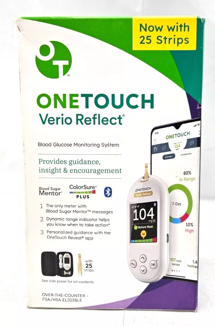 OneTouch Verio Reflect Blood Glucose Meter | Monitor For Sugar Test Kit  Includes Monitor, Lancing Device, 10 Sterile Lancets, and Carrying Case