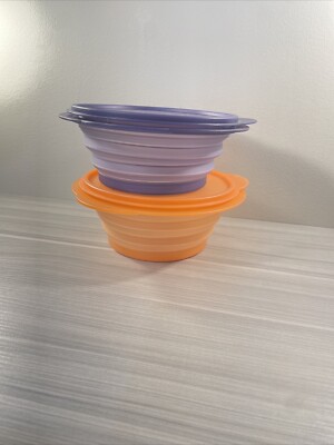 Tupperware Flat Out Collapsible Container Set of 2 Orange Purple Seals 4 C New!