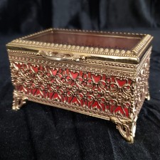 VTG Ornate Gold Tone Brass Filigree Jewelry Trinket Box Glass Hinged Lid Japan