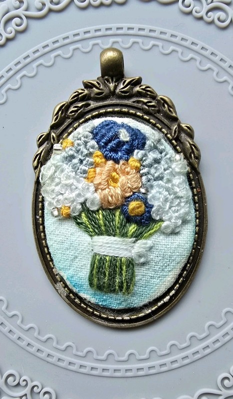 Spring Ornate Brass HM Floral Bouquet Embroidery Necklace Pendant Flowers Vtg
