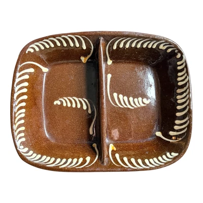 Antique Redware Slip Decorated Slipware Pottery Divided Serving Dish - Image 1 of 4