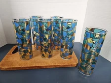 Vintage Drinkware 6 Pc. Set West Virginia Glass Mosaic Pattern 1960's MCM Blue