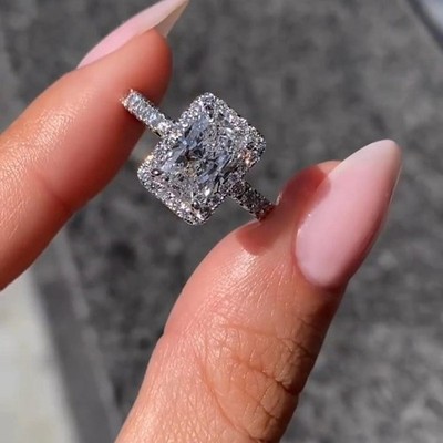 2 CT Radiant Cut Halo Moissanite Engagement Ring 14K White Gold Plated For Women