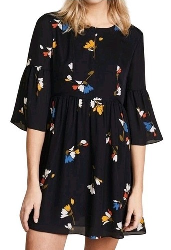 Joie Avari Silk Navy Floral Bell Sleeve Keyhole Mini Dress Sz M Career