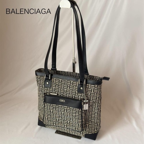 BALENCIAGA BB Hand bag Tote Bag Canvas Leather Gray Black Vintage Japan F/S USED