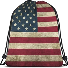 Vintage American Flag Drawstring Backpack, Polyester, Waterproof, Lightweight, 1