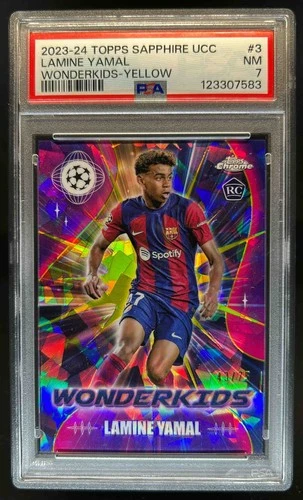 2023 Topps Chrome Sapphire UEFA Lamine Yamal Wonderkids RC Yellow #43/75 PSA 7