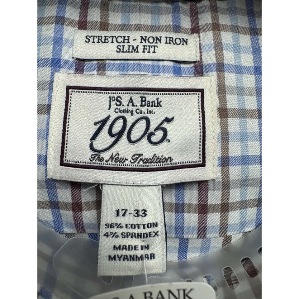 Camisa de vestir JOS A BANK para hombre ajustada elástica sin hierro a cuadros 17 33 manga larga Foto 3 de 4