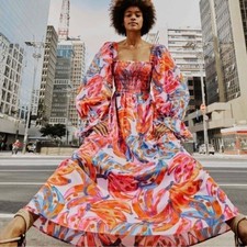 FARM Rio Bananas Smocked Long Sleeve Maxi Dress XS NWT