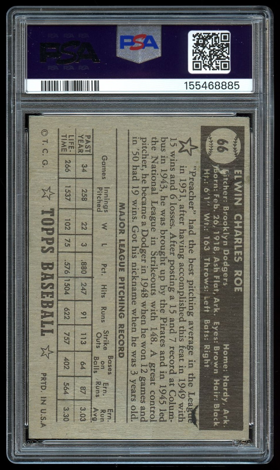 1952 Topps Black Back #66 Preacher Roe PSA 3 view 2