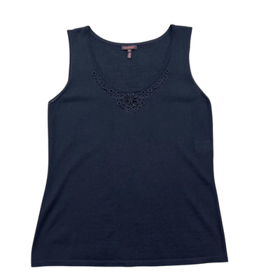 Escada Tank Top Silk Wool Navy Blue Beaded Keyhole Size 38 Sleeveless Sheer