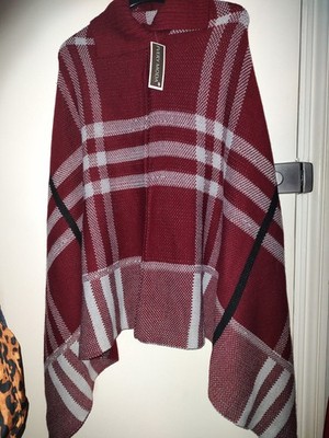 Poncho Pullover mit hohem Kragen bis Gr. 18 - Schottenkaro weinrot