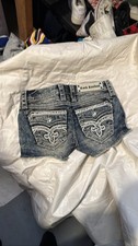 Rock Revival Women's Jean Shorts Distressed Embellished Raw Hem Fleur De Lis