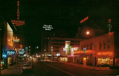 Postcard Street View At Night Downtown Phoenix Arizona AZ c1961 Thom McAn Kody's