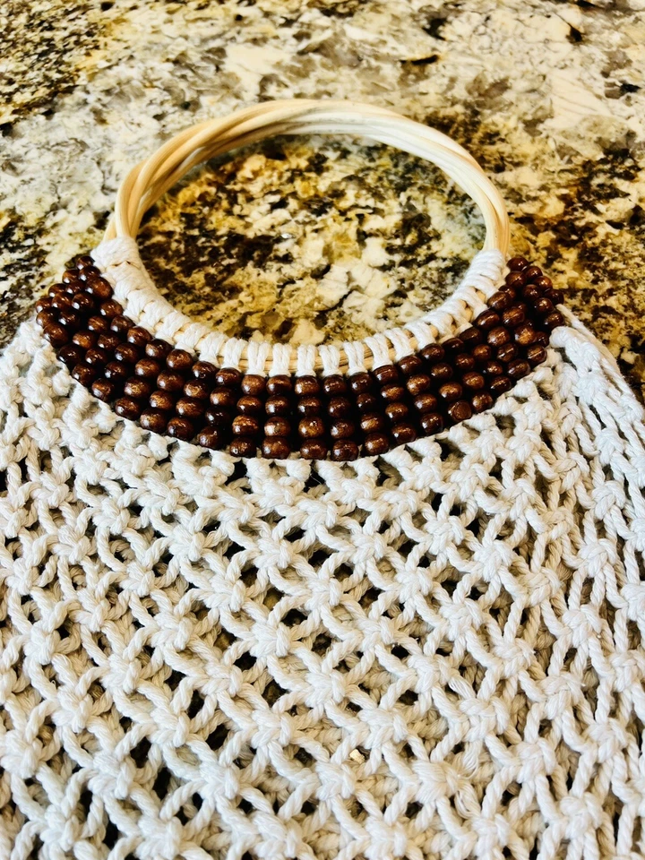 Cartera Macramé Crudo Manijas de Madera Cuentas de Madera Marrón Flecos!!! Foto 2 de 4