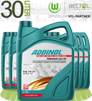 6 x 5 Liter Addinol Premium 020 FE 0W-20 für neuere VW Audi Seat 508 00 / 509 00