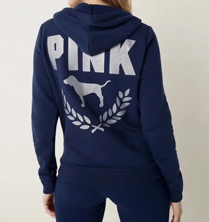 NEW Victoria's Secret PINK Bling Fleece Zip Up Hoodie Navy