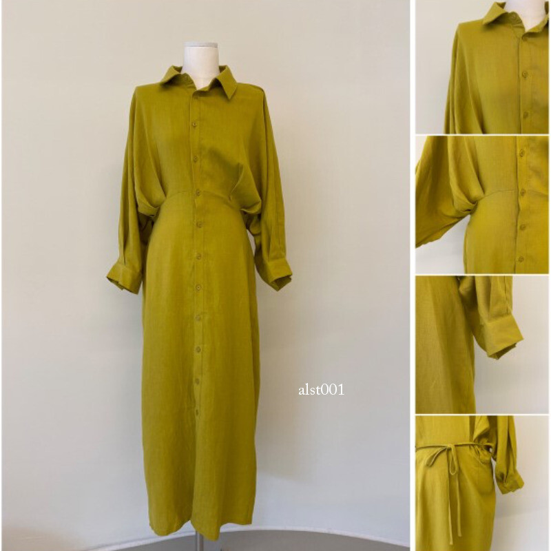 Women Button Down Shirt Dress Lapel Lantern Sleeve Maxi Dress Loose Korean-image