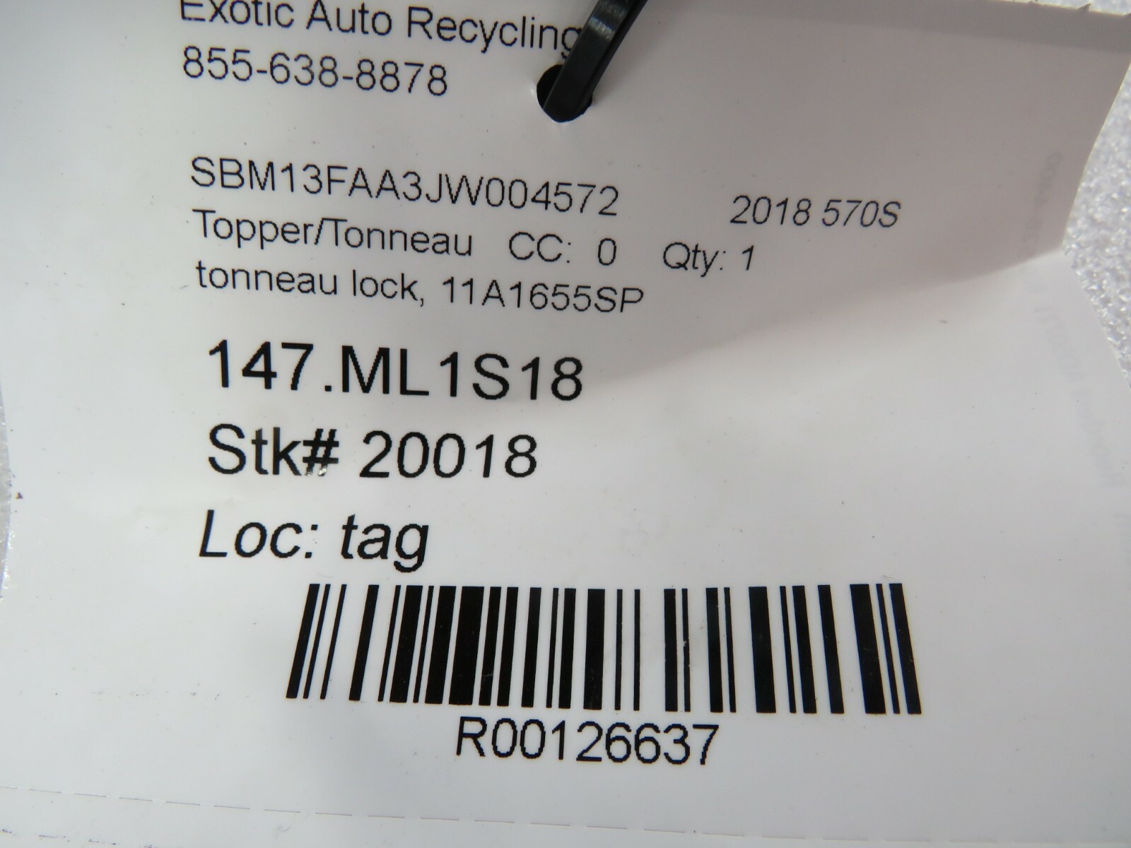 McLaren 570S, Tonneau Lock, Used, P/N 11A1655SP