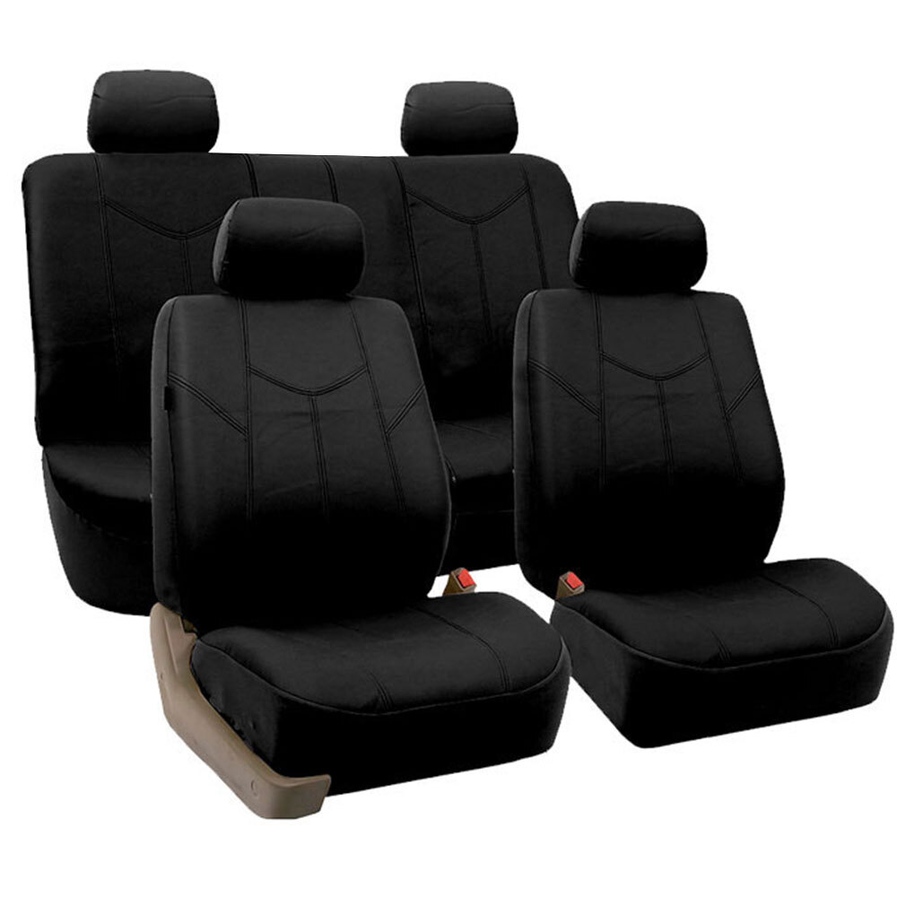 Faux Leather Car Seat Cover For Auto SUV Black with 4 Head Rest Covers