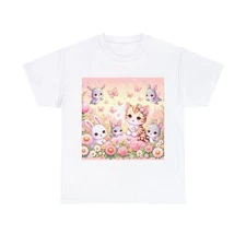 Unisex Adult T Shirt Cheerful Kittens Bunnies Meadow Friendship