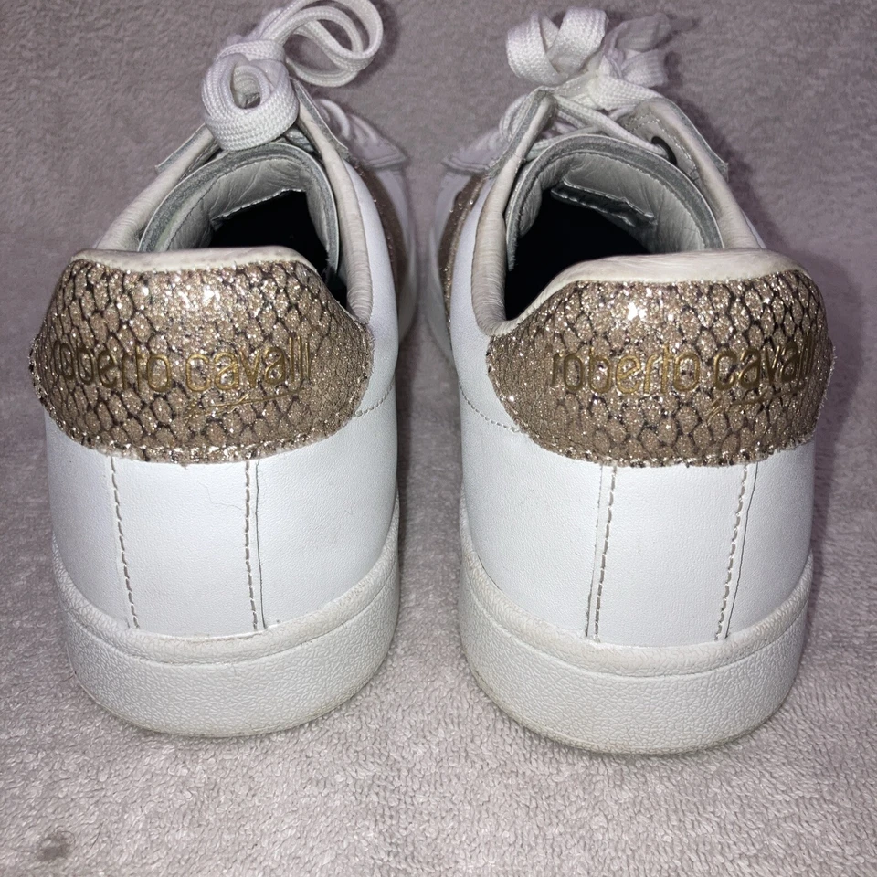 Robert Cavalli Sport White Leather Glitter Snakeprint Studded Sneakers Sz 7.5W - Image 4 of 4