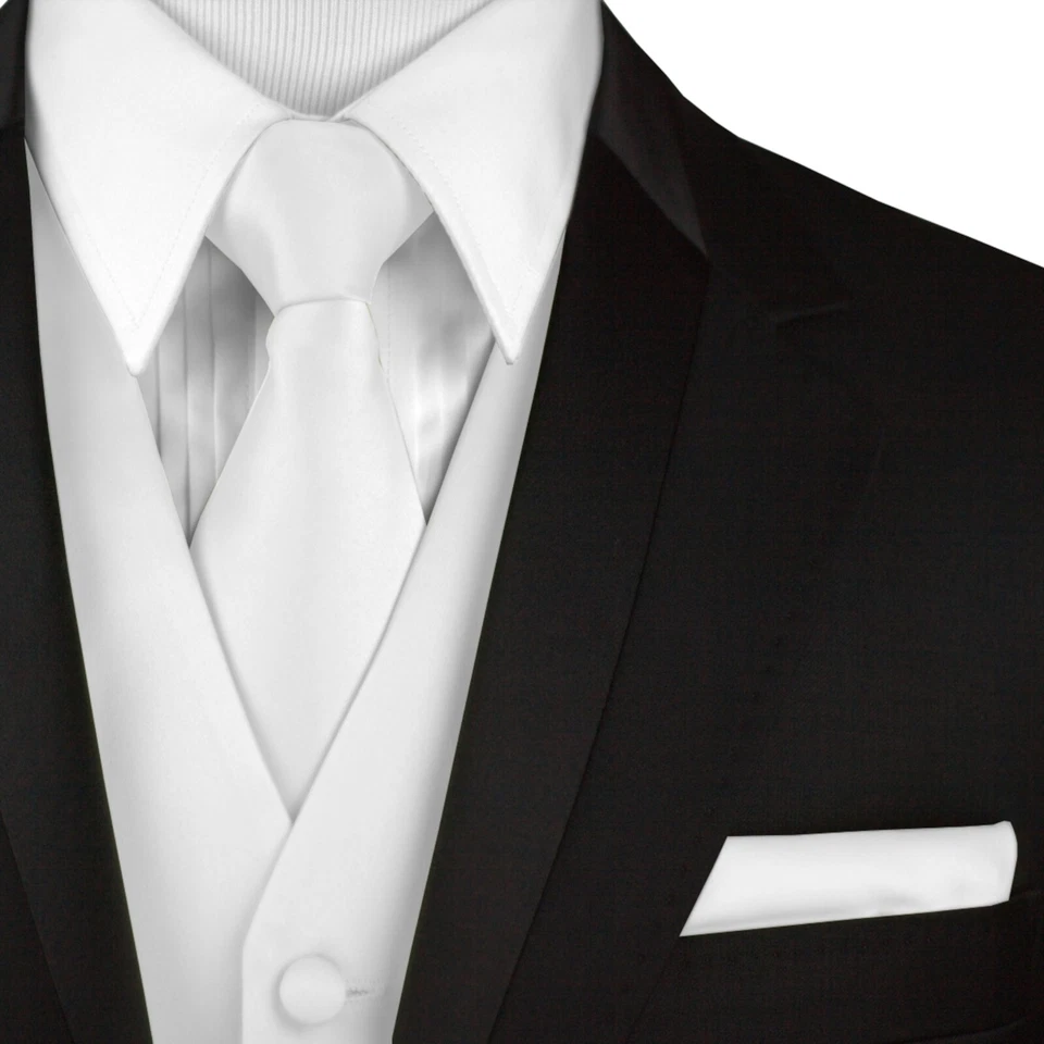 Men's White Satin Formal Tuxedo Vest Tie Hankie Set Wedding Prom Homecoming - Image 4 of 4