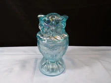 Imperial Azure Blue Carnival Glass Owl Shaped Covered Candy Dish