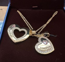 Mother Daughter Goldtone Plated Sterling Silver Heart Pendant Necklaces Crystals