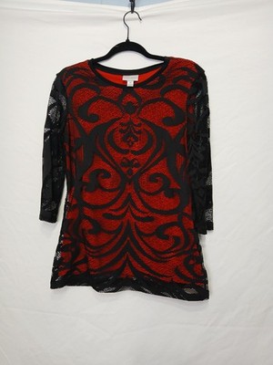 Bisou Bisou Red Black Lace Blouse 3/4 Sleeve M Cocktail vintage gothic vampire